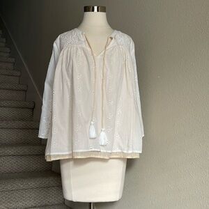 Shabby Chic Sz Ml Cotton Boho Eyelet Peasant Blouse with Tassels